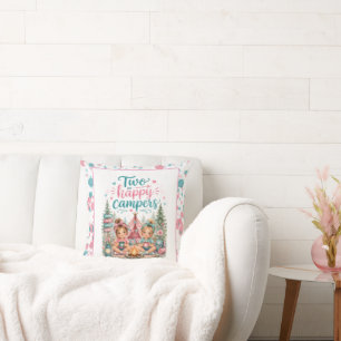 Two Happy Campers Twin Girls' Birthday Party Throw Pillow