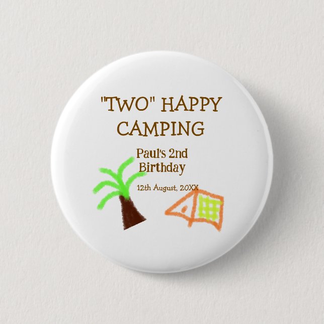 Two happy camping 2nd birthday tree camp kids 2 inch round button (Front)