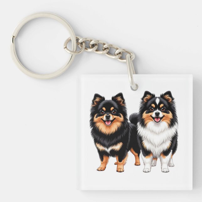 Two Happy Fluffy Dogs Sit Side by Side Keychain (Front)