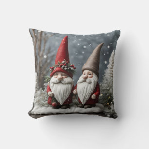 Two Happy Gnomes in a Winter Wonderland Throw Pillow