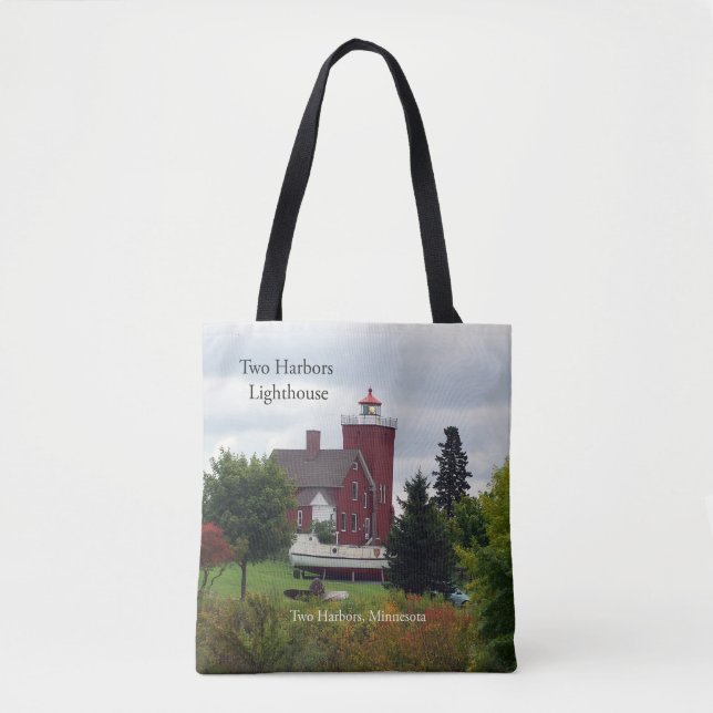 Two Harbours Lighthouse & boat all over tote bag (Front)