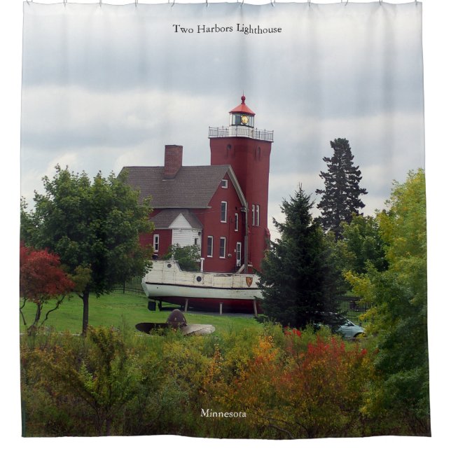Two Harbours Lighthouse & Boat shower curtain (Front)