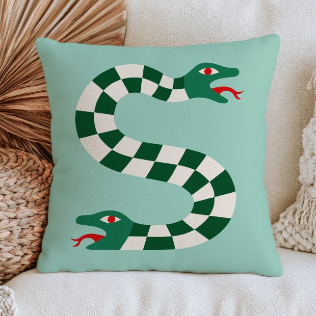 Two-Headed Snake in Green Chequered Pattern Funky Throw Pillow (Creator Uploaded)