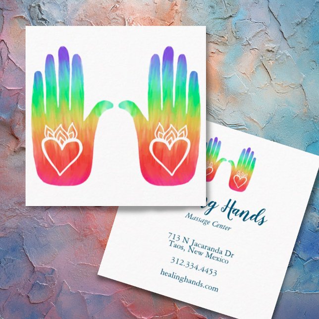 Two Healing Hands Hearts Hamsa Rainbow Customized Square Business Card (Rainbow hands custom business cards for healers and massage therapists. )