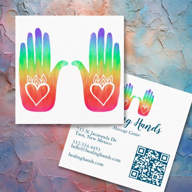 Two Healing Hands Hearts Hamsa Rainbow QR Code Square Business Card (Rainbow hands custom business card with QR code)