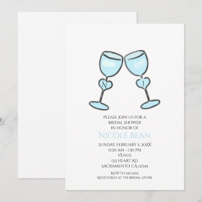 Two Heart Wine Glasses Bridal Shower Invitations (Front/Back)