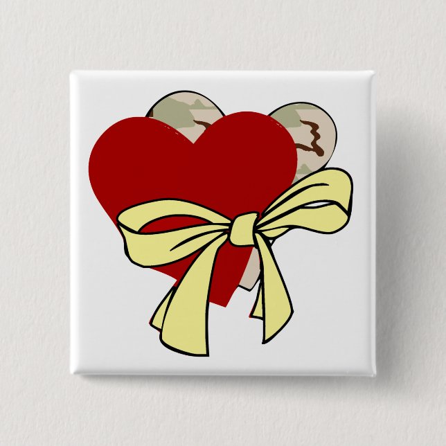 Two hearts and yellow ribbon 2 inch square button (Front)
