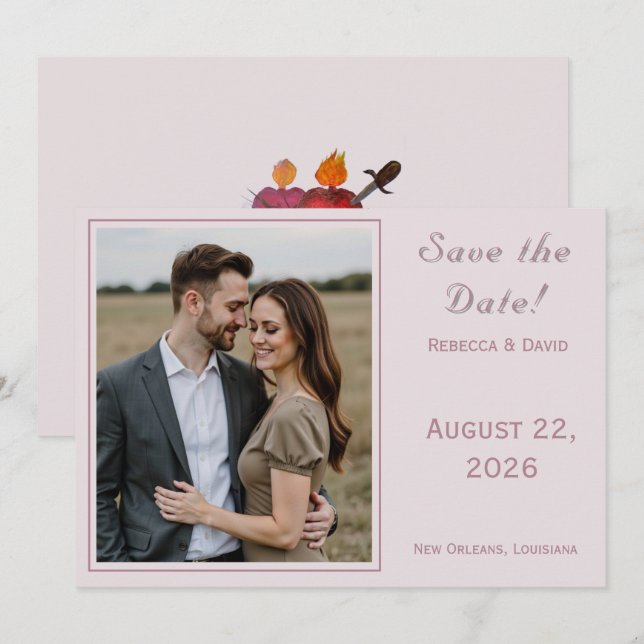 Two Hearts Catholic Flat Save The Date Card (Devant / Derrière)