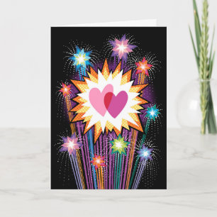 Two Hearts Colourful Fireworks Valentine Holiday Card