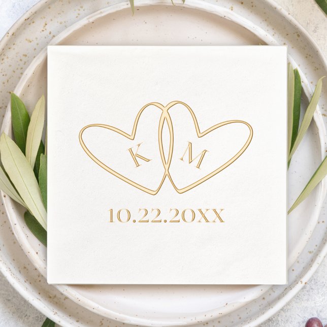 Two Hearts Couple's Initials & Wedding Date Simple Foil Napkins (Gold foil two double interlocking hearts with couple's initials inside. Wedding date below Simple )