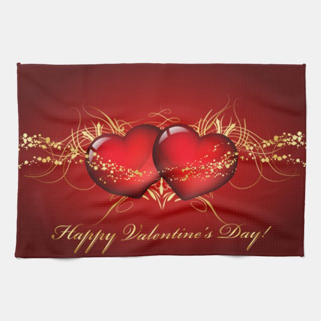 Two Hearts Happy Valentines Day Kitchen Towel (Horizontal)