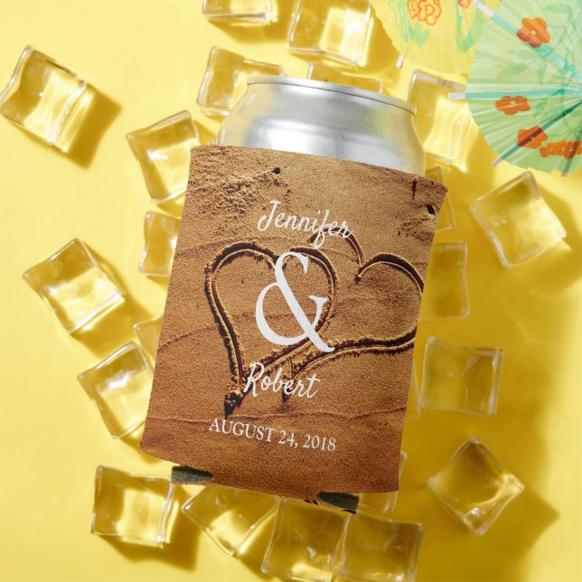 Two hearts in sand bride groom beach wedding can cooler (In Situ Summer)