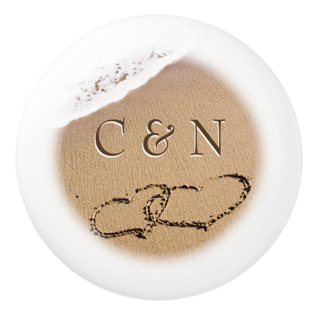 Two Hearts In The Sand Ceramic Knob (Front)