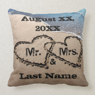 Two Hearts In The Sand Mr. & Mrs. Wedding Pillow