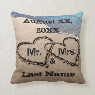 Two Hearts In The Sand Mr. & Mrs. Wedding Pillow