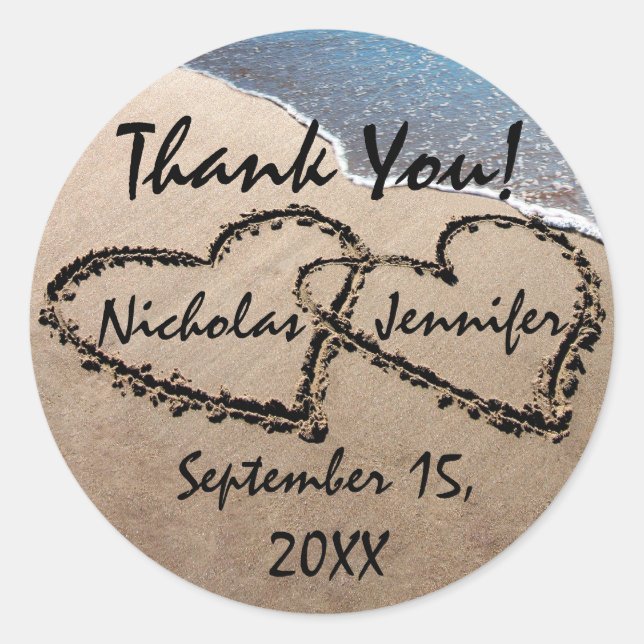 Two Hearts In The Sand Thank You Seals Stickers (Front)