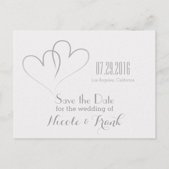 Two Hearts intertwined Save the Date -Silver Announcement Postcard (Front)