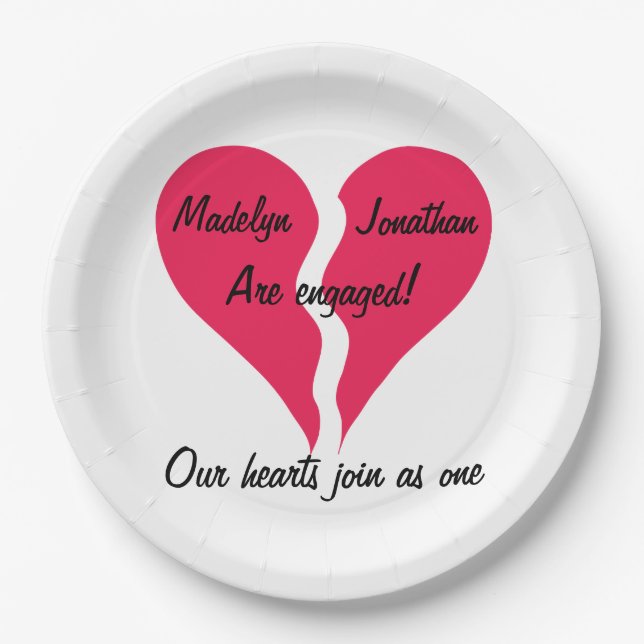 Two Hearts Join as One Name Personalized Engaged Paper Plate (Front)