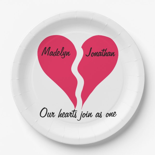 Two Hearts Join as One Name Personalized Valentine Paper Plate (Front)
