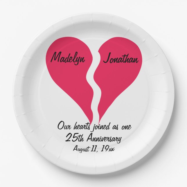 Two Hearts Joined Anniversary Name Personalized Paper Plate (Front)