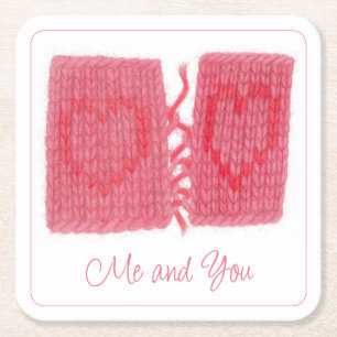 TWO HEARTS KNIT Square Paper Coasters + Text