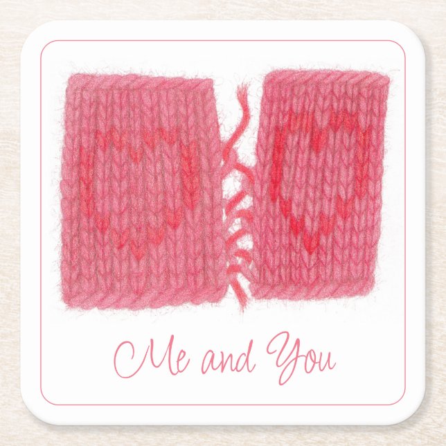 TWO HEARTS KNIT Square Paper Coasters + Text (Front)