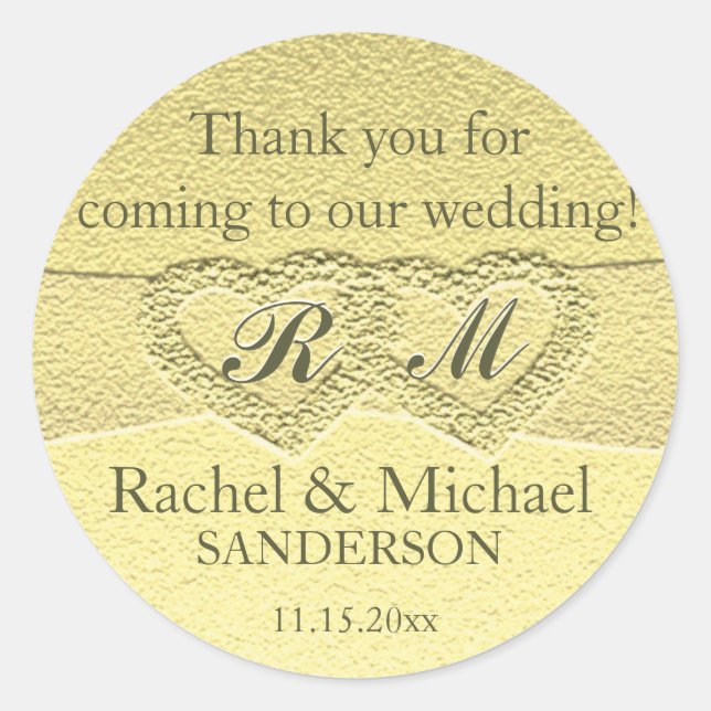 Two Hearts Monogram Faux Gold Foil Classic Round Sticker (Front)
