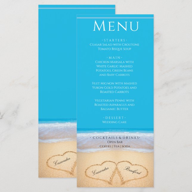 Two hearts on the Beach Wedding menu (Front/Back)