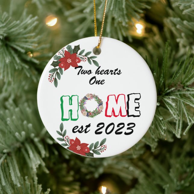 Two hearts one home,first Christmas new home xmas Ceramic Ornament (Tree)