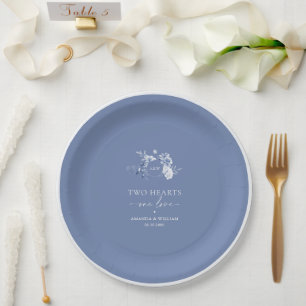 Two Hearts · One Love Dusty Blue Wedding Paper Plate