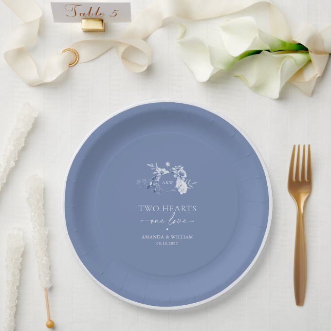 Two Hearts · One Love Dusty Blue Wedding  Paper Plate (Wedding)