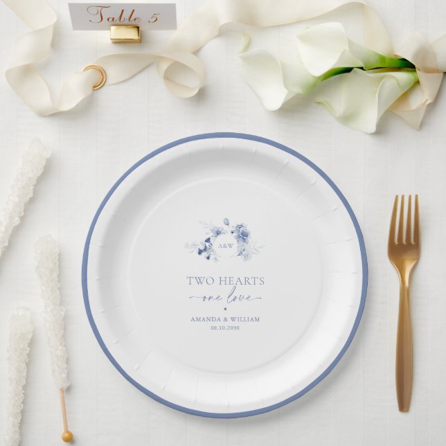 Two Hearts · One Love Dusty Blue Wedding  Paper Plate (Wedding)