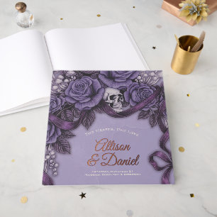 Two Hearts One Love, Purple Gothic Wedding Guest Book