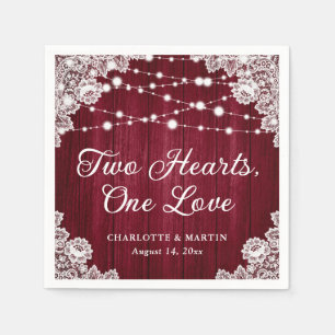 Two Hearts One Love Rustic Wood Burgundy Wedding Napkin