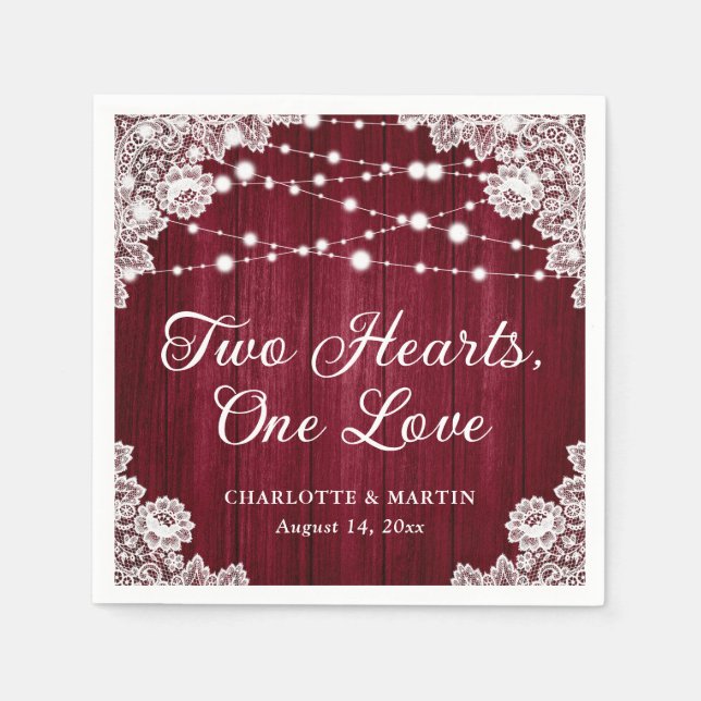 Two Hearts One Love Rustic Wood Burgundy Wedding Napkin (Front)