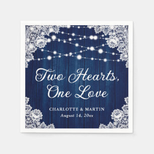 Two Hearts One Love Rustic Wood Navy Blue Wedding Napkin