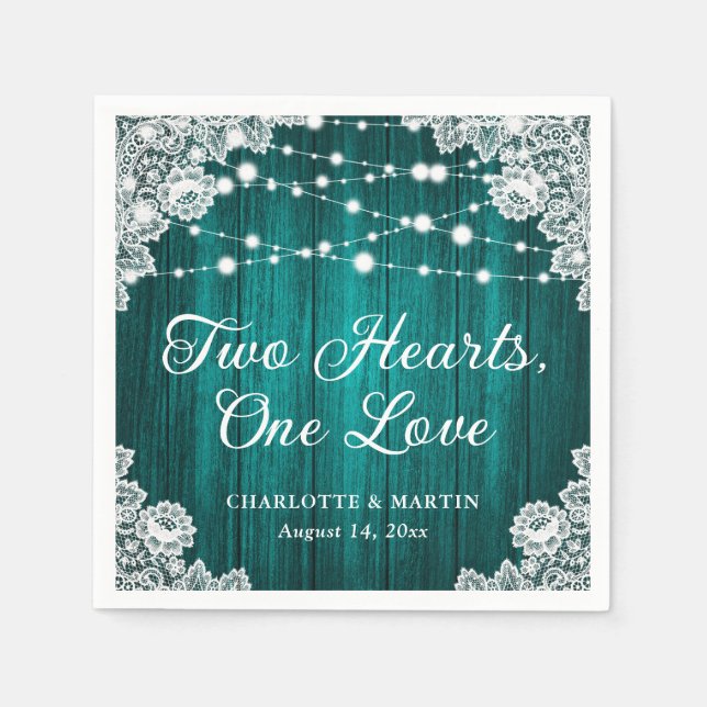 Two Hearts One Love Rustic Wood Teal Wedding Napkin (Front)