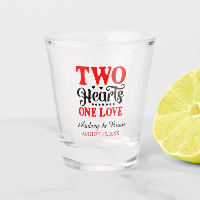 Two Hearts One Love Wedding Keepsake Shot Glass (Front)