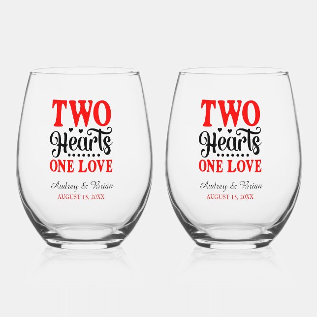 Two Hearts One Love Wedding Keepsake Stemless Wine Glass (Front)