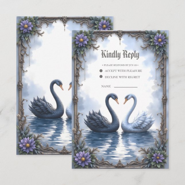 Two Hearts, One Reflection – Romantic Swan Wedding RSVP Card (Front/Back)