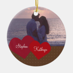 Two hearts red custom photo wedding anniversary ceramic ornament