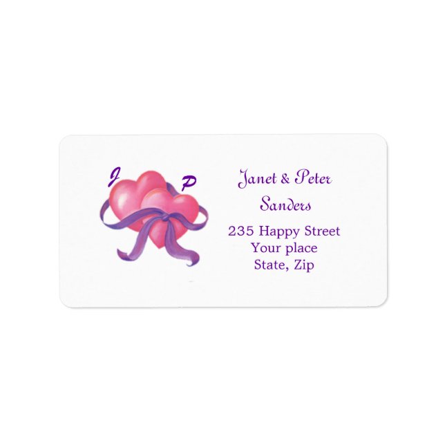 Two hearts, ribbon Monogram Return address label (Front)