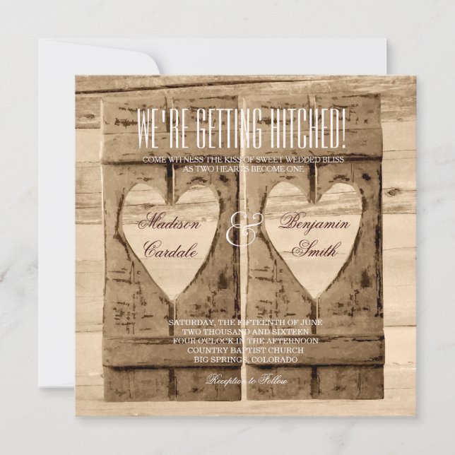 Two Hearts Rustic Wood Shutters Wedding Invitation (Front)
