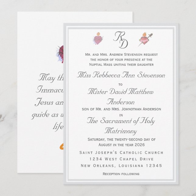 Two Hearts Silver Catholic Wedding Invitation (Devant / Derrière)