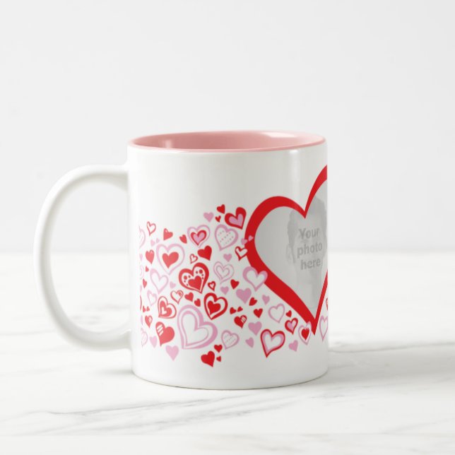 Two hearts valentine / wedding photos red pink mug (Left)