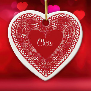 Two Hearts Vintage Lace  Ceramic Ornament