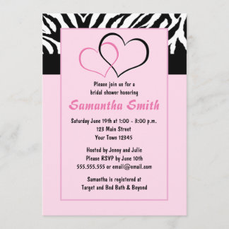 Two Hearts Zebra Pink Bridal Shower Party Invite