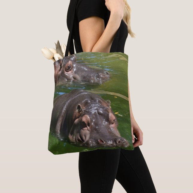 Two Hippos Swimming In Pond,   Totebag Tote Bag (Close Up)