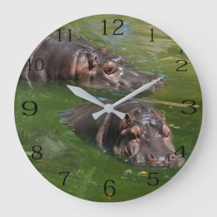 Two Hippos Swimming In Pond, Wall Clock