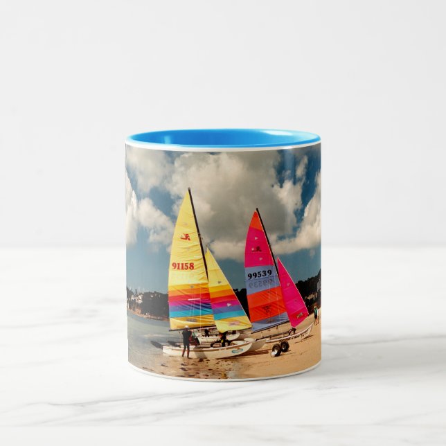 Two Hobie sailing boats Two-Tone Coffee Mug (Center)